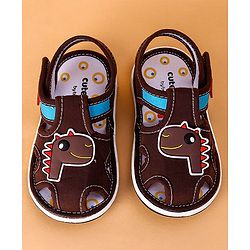 Cute Walk by Babyhug Open Toe Sandals with Velcro Closure Dino Patch - Coffee