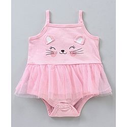 Babyhug 100% Cotton Singlet Sleeves Onesie Kitty Print with Net Detailing - Pink