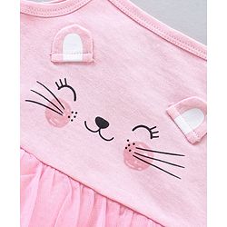 Babyhug 100% Cotton Singlet Sleeves Onesie Kitty Print with Net Detailing - Pink