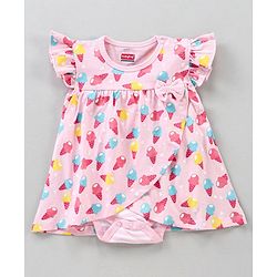 Babyhug 100% Cotton Short Sleeves Frock Style  Onesie Ice Cream Print - Pink
