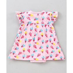 Babyhug 100% Cotton Short Sleeves Frock Style  Onesie Ice Cream Print - Pink