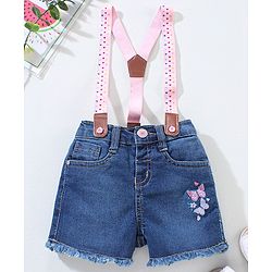Babyhug Mid Thigh Washed & Embroidered Denim Shorts With Suspender - Blue