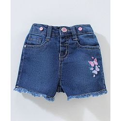 Babyhug Mid Thigh Washed & Embroidered Denim Shorts With Suspender - Blue