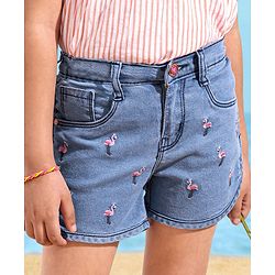 Babyhug Denim Shorts Flamingo Embroidery - Blue