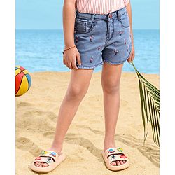 Babyhug Denim Shorts Flamingo Embroidery - Blue