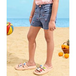 Babyhug Denim Shorts Flamingo Embroidery - Blue
