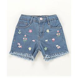 Babyhug Mid Thigh Washed & Embroidered Denim Shorts - Blue