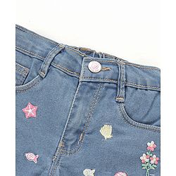 Babyhug Mid Thigh Washed & Embroidered Denim Shorts - Blue
