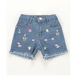 Babyhug Mid Thigh Washed & Embroidered Denim Shorts - Blue