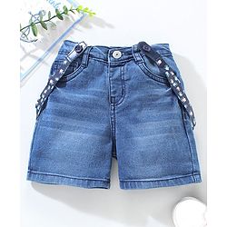 Babyhug Mid Thigh Washed Denim Shorts With Suspender - Blue