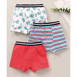 Babyhug 100 % Cotton Dino Print & Striped Briefs Pack Of 3 - Red & White