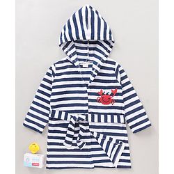 Babyhug Cotton Knit Hooded Bathrobe With Waist Belt Stripes - Blue