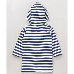 Babyhug Cotton Knit Hooded Bathrobe With Waist Belt Stripes - Blue