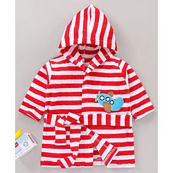 Babyhug Cotton Knit Hooded Bathrobe With Waist Belt Stripes - Red