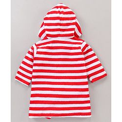 Babyhug Cotton Knit Hooded Bathrobe With Waist Belt Stripes - Red