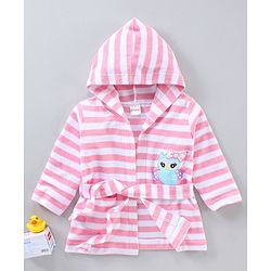 Babyhug 3/4th Sleeves Cotton Bathrobe Striped and Embroidered - Pink