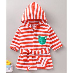 Babyhug Three Fourth Sleeves Hooded Bath Robe Striped and Embroidered - Orange