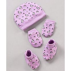 Babyhug 100% Cotton Cap Mittens & Booties Unicorn Print Purple- Diameter 11 cm