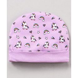 Babyhug 100% Cotton Cap Mittens & Booties Unicorn Print Purple- Diameter 11 cm