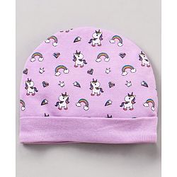 Babyhug 100% Cotton Cap Mittens & Booties Unicorn Print Purple- Diameter 11 cm