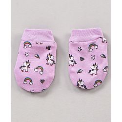 Babyhug 100% Cotton Cap Mittens & Booties Unicorn Print Purple- Diameter 11 cm