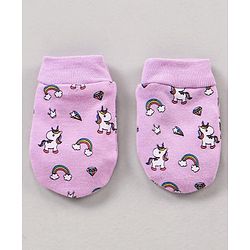 Babyhug 100% Cotton Cap Mittens & Booties Unicorn Print Purple- Diameter 11 cm