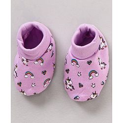 Babyhug 100% Cotton Cap Mittens & Booties Unicorn Print Purple- Diameter 11 cm