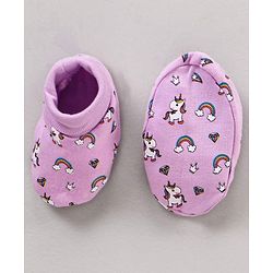 Babyhug 100% Cotton Cap Mittens & Booties Unicorn Print Purple- Diameter 11 cm