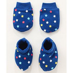 Babyhug 100% Cotton Mittens and Booties Set Star Print - Blue