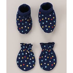 Babyhug 100% Cotton Mittens and Booties Set Star Print - Blue
