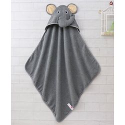 Babyhug Woven Terry Hooded Towel Elephant Patch - Grey
