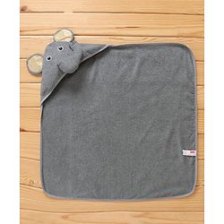 Babyhug Woven Terry Hooded Towel Elephant Patch - Grey