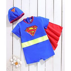 Babyhug Half Sleeves Legged Swimsuit with Cap Superman Print - Blue