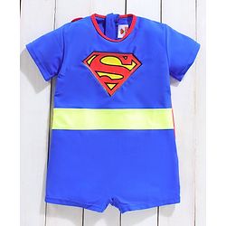Babyhug Half Sleeves Legged Swimsuit with Cap Superman Print - Blue