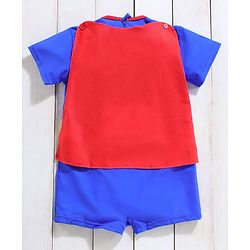 Babyhug Half Sleeves Legged Swimsuit with Cap Superman Print - Blue