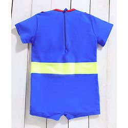 Babyhug Half Sleeves Legged Swimsuit with Cap Superman Print - Blue