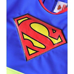 Babyhug Half Sleeves Legged Swimsuit with Cap Superman Print - Blue