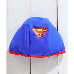 Babyhug Half Sleeves Legged Swimsuit with Cap Superman Print - Blue