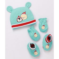 Babyhug 100% Cotton Cap Mittens & Booties Printed Blue- Diameter 9.5 cm