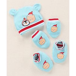 Babyhug 100% Cotton Cap Mittens & Booties Printed Blue- Diameter 9.5 cm