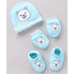 Babyhug 100% Cotton Cap Mitten Booties Set Bear Printed - Blue