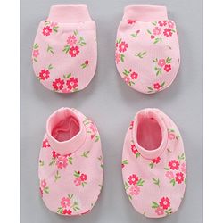 Babyhug 100% Cotton Mittens & Booties Floral Print- Pink