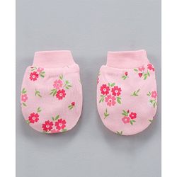 Babyhug 100% Cotton Mittens & Booties Floral Print- Pink