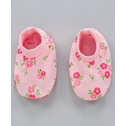 Babyhug 100% Cotton Mittens & Booties Floral Print- Pink
