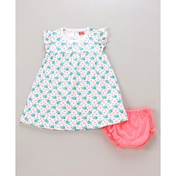 Babyhug Cotton Knit Frill Sleeves Frock with Panty Floral Print - White & Blue
