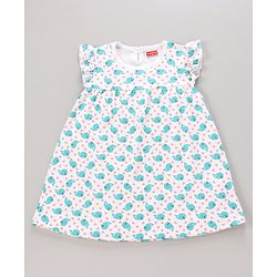Babyhug Cotton Knit Frill Sleeves Frock with Panty Floral Print - White & Blue