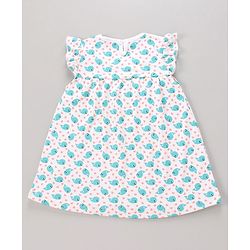 Babyhug Cotton Knit Frill Sleeves Frock with Panty Floral Print - White & Blue