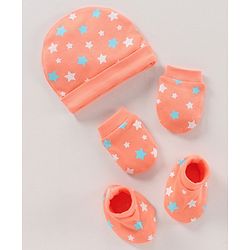 Babyhug 100% Cotton Cap Mittens & Booties Set Star Print Orange - Diameter 17 cm