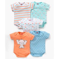 Babyhug 100% Cotton Cap Sleeves Onesies Printed Pack of 5 - Multicolour