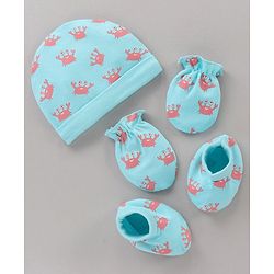 Babyhug 100% Cotton Cap Mitten Booties Set Crab Printed Blue - Diameter 11 cm